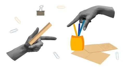 Back to school collage halftone hands set. イラスト素材