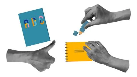 Back to school collage halftone hands set. イラスト素材