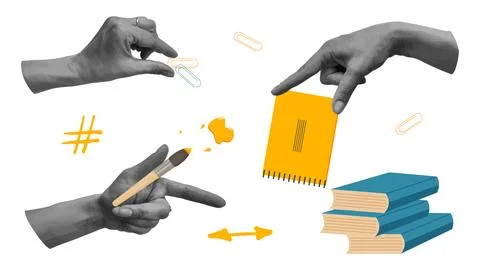 Back to school collage halftone hands set. イラスト素材