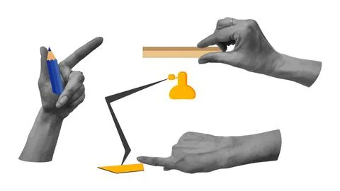 Back to school collage halftone hands set. イラスト素材