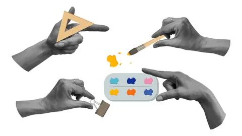 Back to school collage halftone hands set. イラスト素材