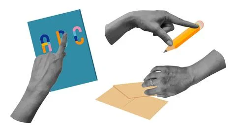 Back to school collage halftone hands set. イラスト素材