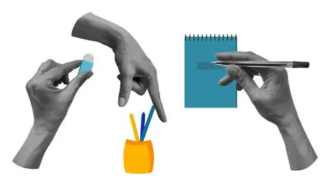 Back to school collage halftone hands set. イラスト素材