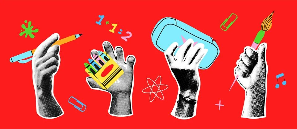 Back to school collage hands set Stock Illustration