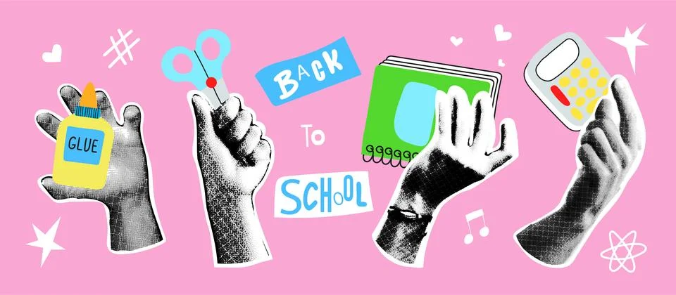 Back to school collage hands set Stock Illustration