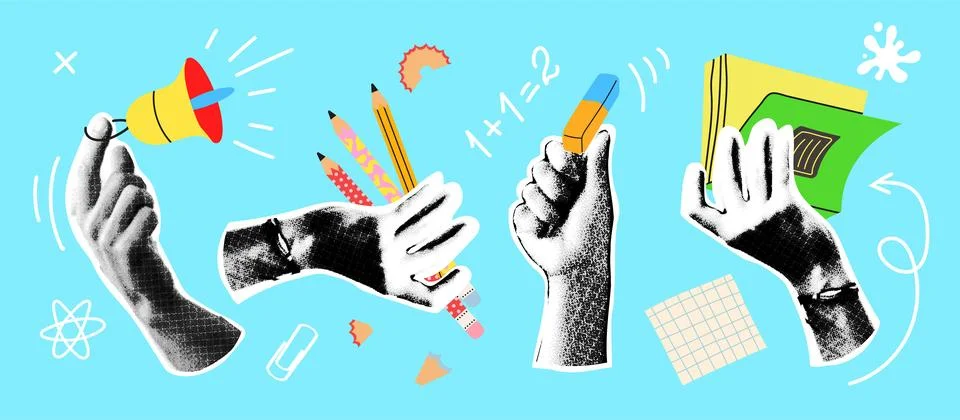 Back to school collage hands set Stock Illustration
