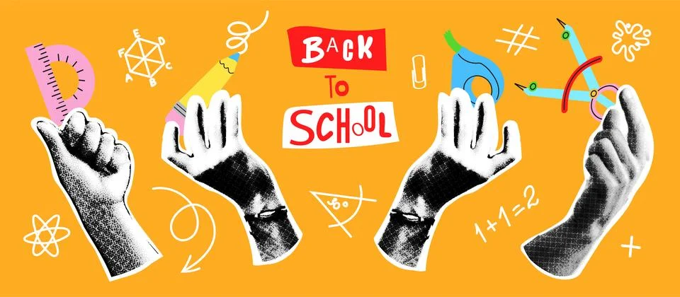 Back to school collage hands set Stock Illustration