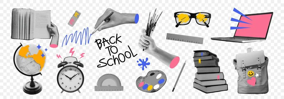 Back to school collage set on transparent background with halftone sticker .. Stock Illustration