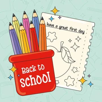 Back to school colored pencils in red container and note Vector Illustrazione stock