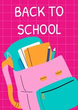 Back to school: colorful backpack with supplies on pink grid background Stock Illustration