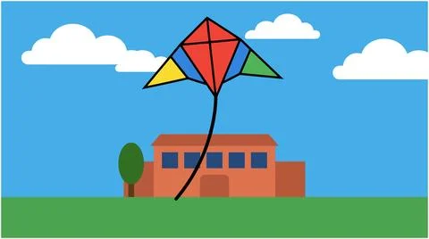 Back to School Colorful kite flying in blue sky above house with recreation.. Stock Illustration