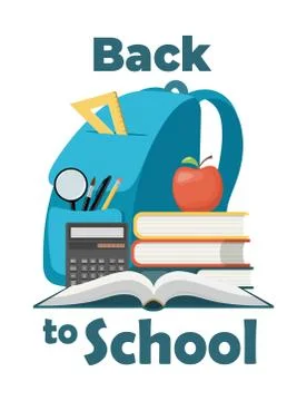 Back to school. Colorful school backpack composition. Schoolbag and study sup Stock Illustration