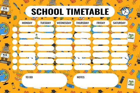 Back school colorful timetable with retro groovy characters. Back to school.. Stock Illustration