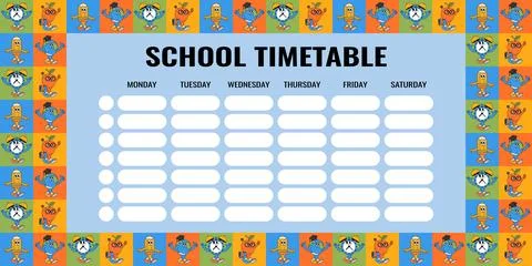 Back school colorful timetable with retro groovy characters in a squares. B.. Stock Illustration