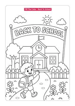 Back to School Coloring Page with Boy and Schoolhouse Line Art Stockillustratie