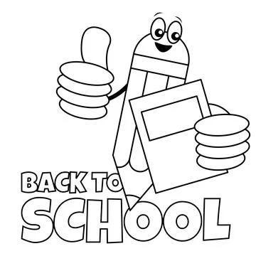 Back to school coloring sheet. Cute pencil thumbs up and carries a book Stock Illustration