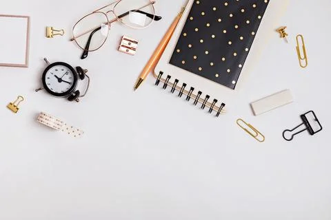Back to school composition with different stationery on the white background Stock Photos