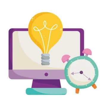 Back to school, computer alarm clock and creativity elementary education cartoon 스톡 일러스트