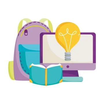 Back to school, computer book backpack idea elementary education cartoon Stock Illustration