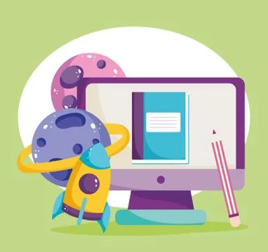 Back to school, computer book pencil planets rocket science elementary education 库存插图