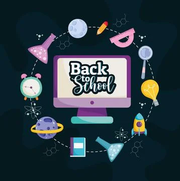 Back to School computer book test tube pencil book supplies cartoon Stock Illustration