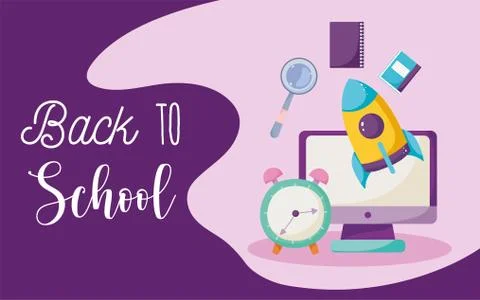 Back to school, computer clock rocket books elementary education cartoon Stock Illustration