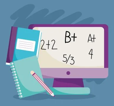 Back to school, computer maths lesson books and pencil elementary education Stock Illustration