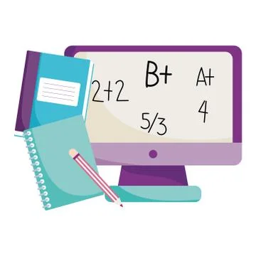 Back to school, computer maths lesson books and pencil elementary education Stock Illustration