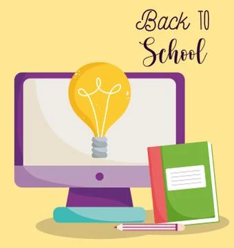 Back to school, computer notebook pencil idea elementary education cartoon Stock Illustration