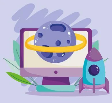 Back to school, computer rocket and planet science elementary education cartoon Stock Illustration