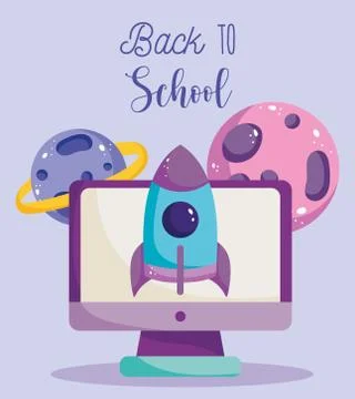 Back to school, computer rocket planets science elementary education cartoon イラスト素材