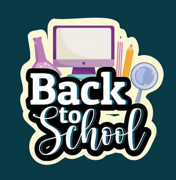 Back to School computer test tube pencil and magnifier Stock Illustration