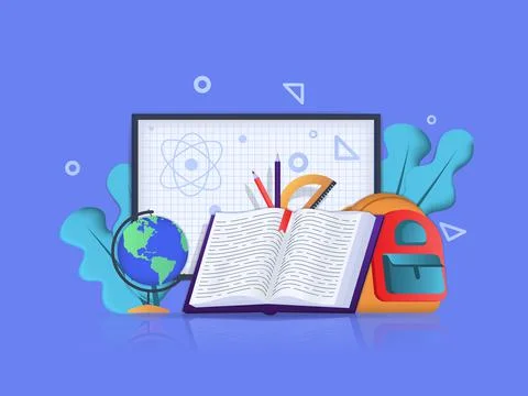 Back to school concept 3D illustration. Icon composition with blackboard with Illustrazione stock