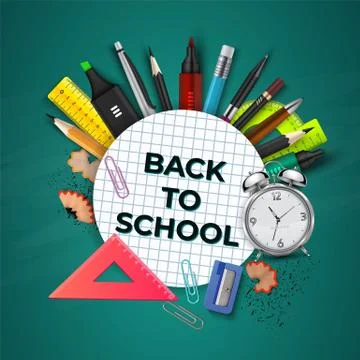 Back to school concept. 3D school education background, phrase in circle frame Stock Illustration