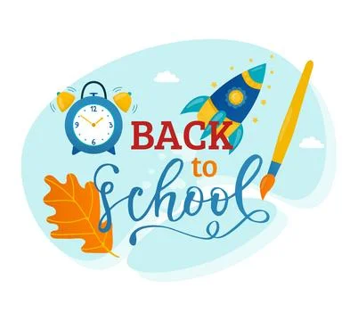 Back to school concept with alarm clock, pencil, rocket, and autumn leaf Stock Illustration