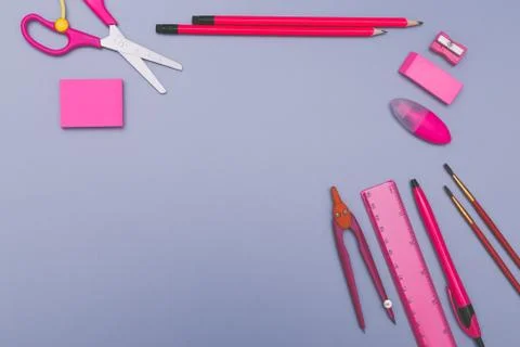 Back to school concept background with pink school accessories. Stock Photos