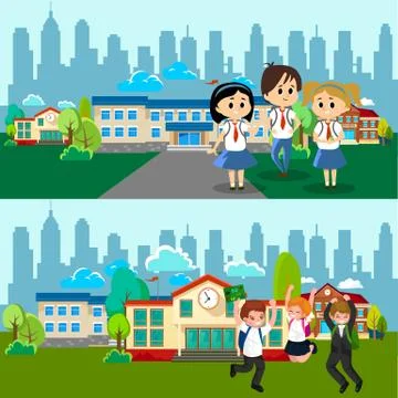 Back to school concept for banner, Children stand near school building and happy Stock Illustration