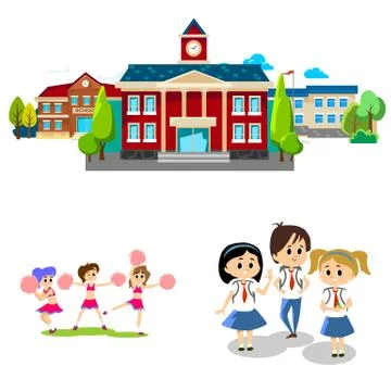 Back to school concept for banner, Children stand near school building and happy Stock Illustration