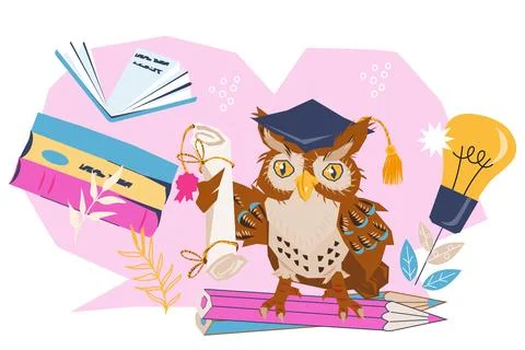 Back to school concept of banner or poster with cute wise owl, vector templat Stock Illustration