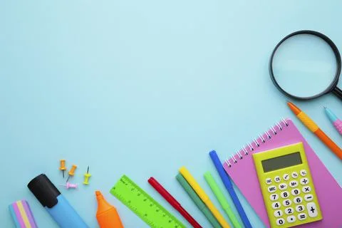 Back to school concept on blue background with copy space Stock Photos