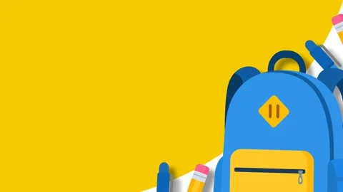 Back to School Concept with Blue Backpack and School Supplies on Yellow Bac.. Stock Footage 340550442
