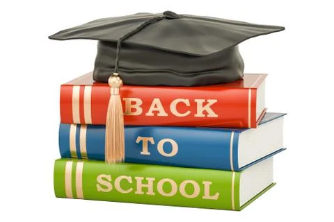 Back to school concept with books and graduation cap, 3D rendering Stock Illustration