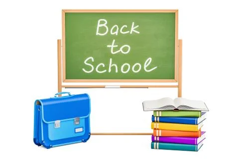 Back to school concept with books, briefcase and blackboard, 3D rendering 스톡 일러스트