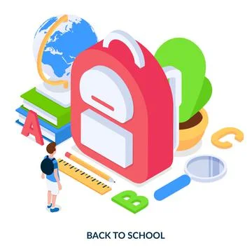 Back to school concept. Boy in front of backpack with school supplies  Stock Illustration