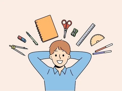 Back to school concept, with boy lying among stationery for learning and gaining Stock Illustration