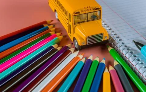 Back to school concept with bus and notebook ,pencil 스톡 사진