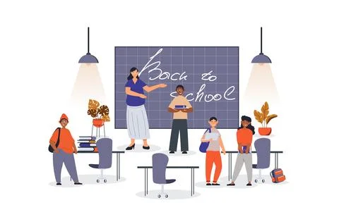 Back to school concept with character scene for web. Teacher greets pupils .. Stock Illustration