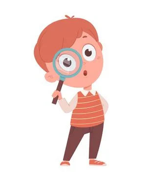 Back to school concept. Cheerful schoolboy holding magnifier Stock Illustration