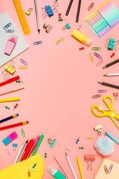 Back to school concept. Copy space. Pink bg Stock Photos