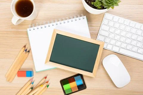 Back to school concept with copy space for flat text, top view, chalkboard .. Stock Photos